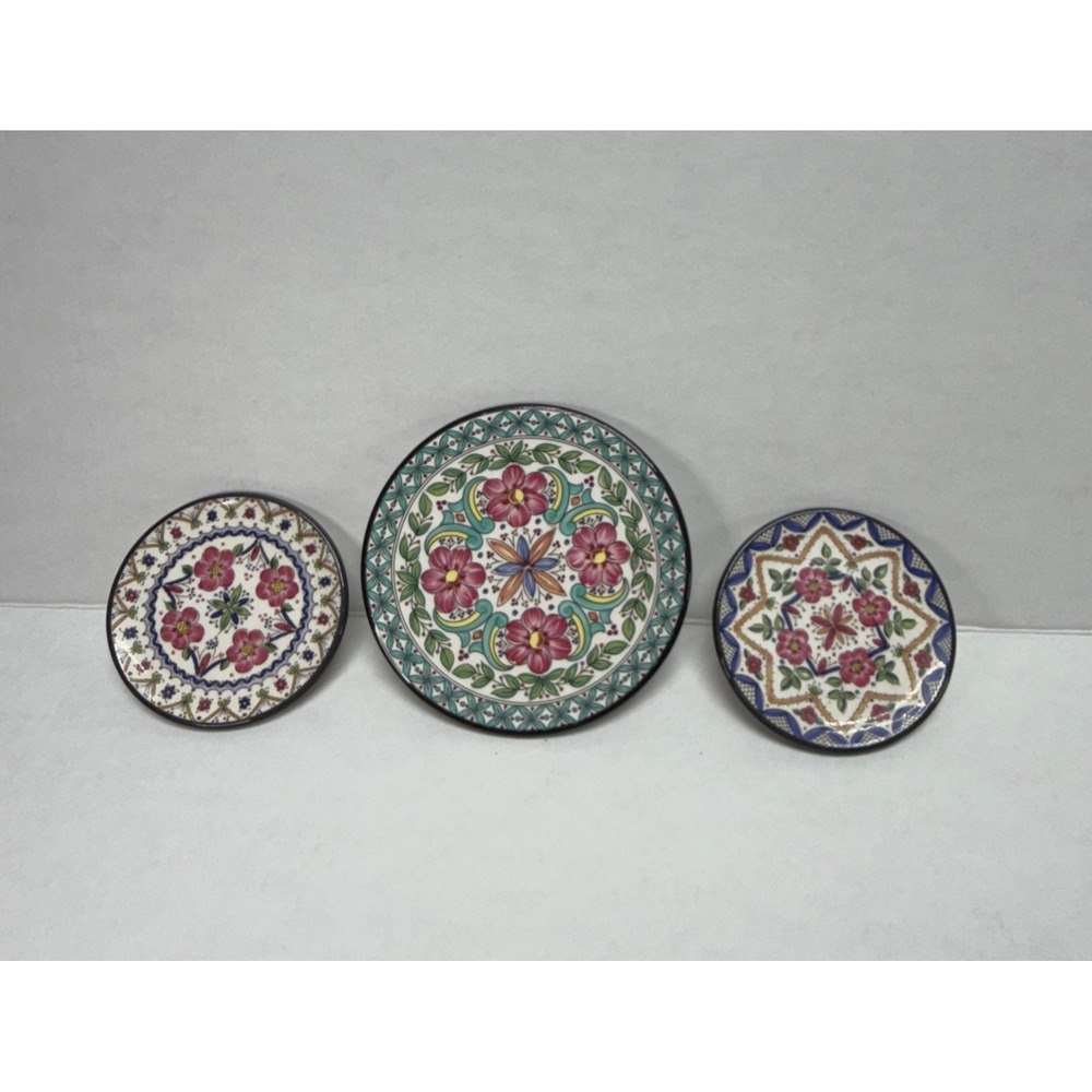 Vintage Ceraplat Spain Handmade Ceramic Wall 3 Plates Floral Hand Painted Decor